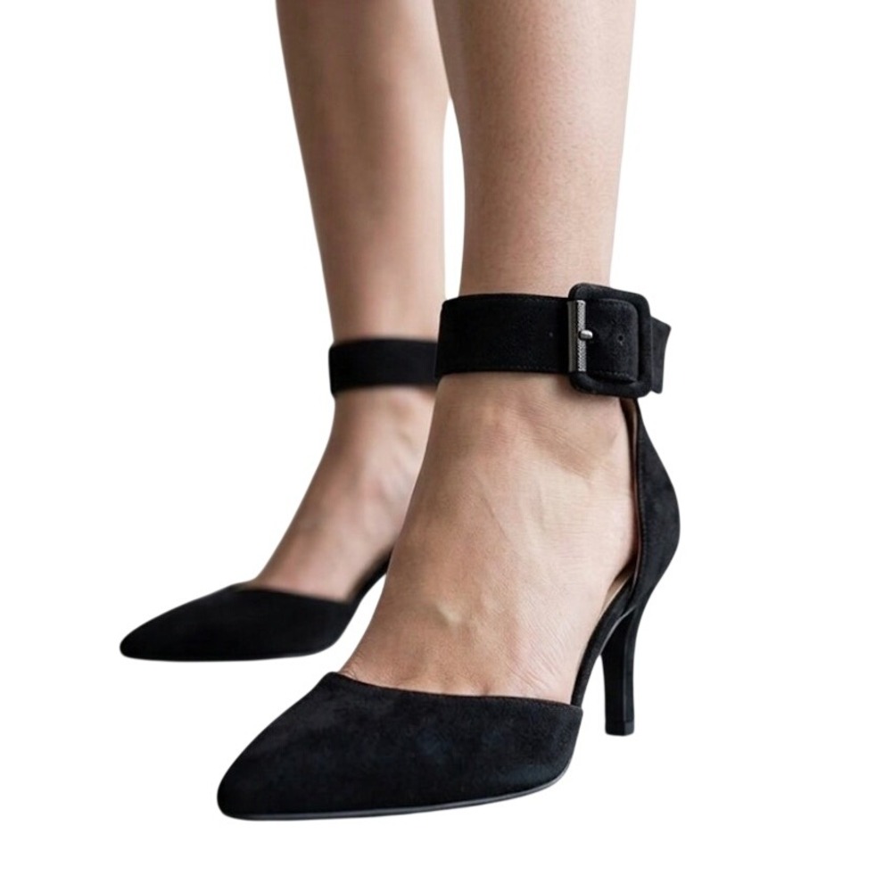 Versona Black Faux Suede Ankle Strap Pointed Toe Kitten Heels Womens Size 7